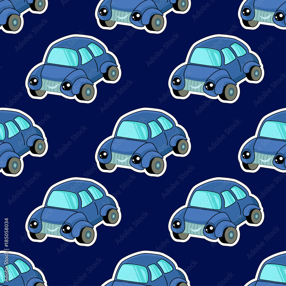 Cute kids car pattern for girls and boys. Colorful car, auto on the abstract bright background create a fun cartoon drawing. Urban pattern for textile and fabric, kids, Multicolor background