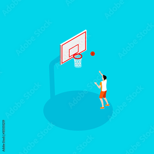 basketball and streetball in the isometric style, the guy sportsman throws the ball into the basketball ring
