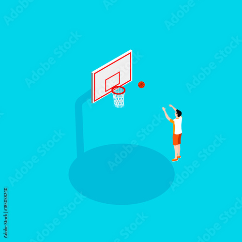basketball and streetball in the isometric style, the guy sportsman throws the ball into the basketball ring