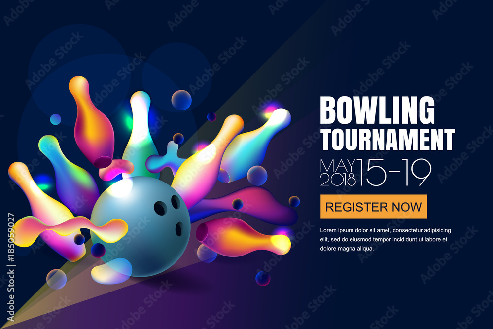 Obraz premium Vector glowing neon bowling tournament banner or poster with multicolor 3d bowling balls and pins.