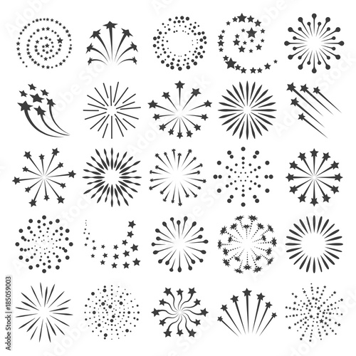 New year fireworks icons. Firework icon set for happy christmas celebrate party and birthday or anniversary events collection, vector illustration