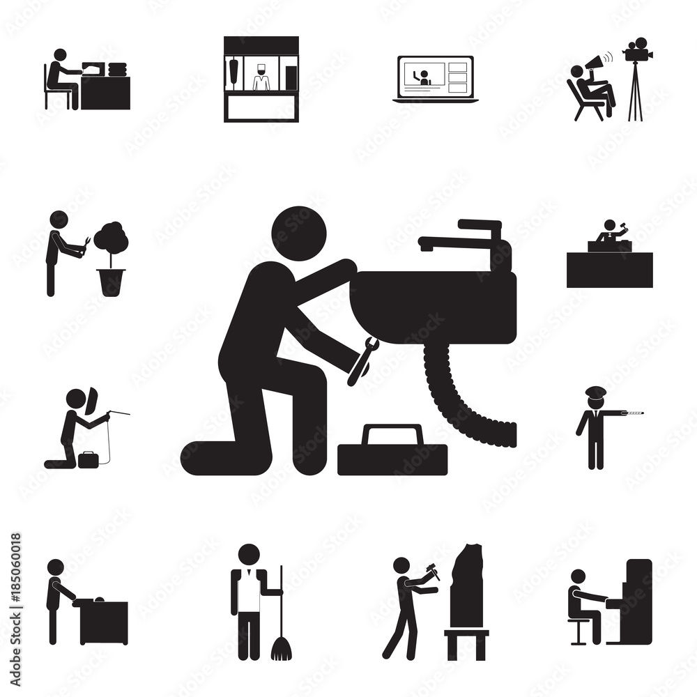 plumber repairing pipes icon. Set of professions disasters icons. Signs and symbols collection, simple icons for websites, web design, mobile app, info graphics plumber repairing pipes icon. Set of professions disasters icons. Signs and symbols collection, simple icons for websites, web design, mobile app, info graphics