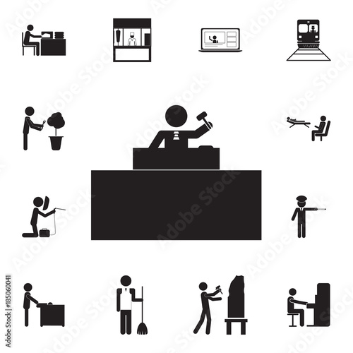 Judge decides fate icon. Set of professions disasters icons. Signs and symbols collection, simple icons for websites, web design, mobile app, info graphics