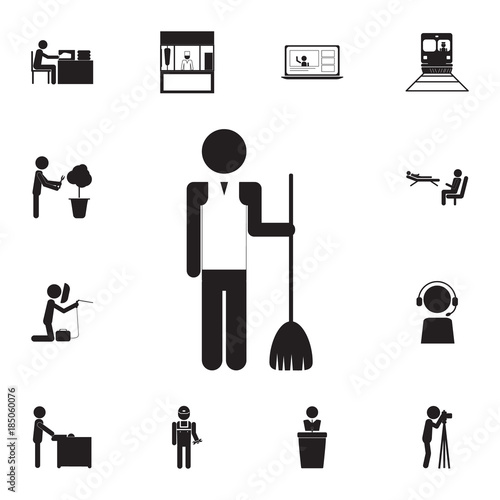 Cleaner Man with a broom sweeping roads icon. Set of professions disasters icons. Signs and symbols collection, simple icons for websites, web design, mobile app, info graphics