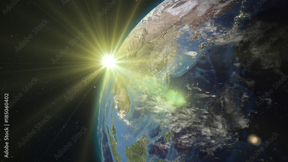3D rendering Earth from space against the background of the starry sky and the Sun. Shadow and illuminated side of the planet with cities. Through the atmosphere of the planet can be seen the sunrise 3D rendering Earth from space against the background of the starry sky and the Sun. Shadow and illuminated side of the planet with cities. Through the atmosphere of the planet can be seen the sunrise