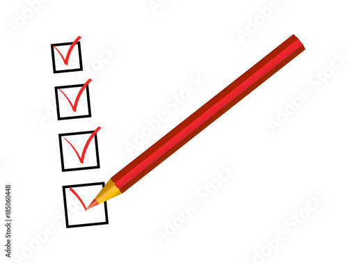 red pencil with tick isolated on white