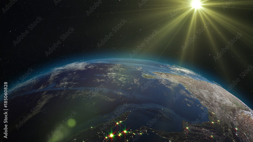 3D rendering Earth from space against the background of the starry sky and the Sun. Shadow and illuminated side of the planet with cities. Through the atmosphere of the planet can be seen the sunrise 3D rendering Earth from space against the background of the starry sky and the Sun. Shadow and illuminated side of the planet with cities. Through the atmosphere of the planet can be seen the sunrise