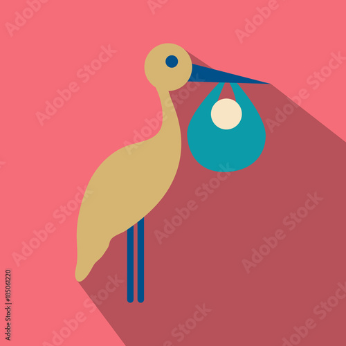 stork cartoon in flat style with shadow with baby