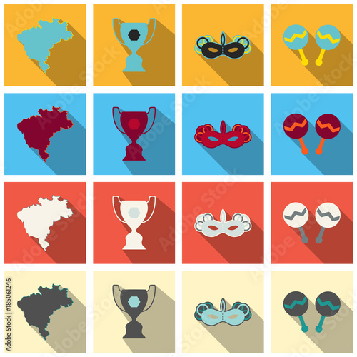Brazil icons collection. Vector illustration with Brazilian culture and nature icons, including toucan, in carnival costume and in trendy flat style.