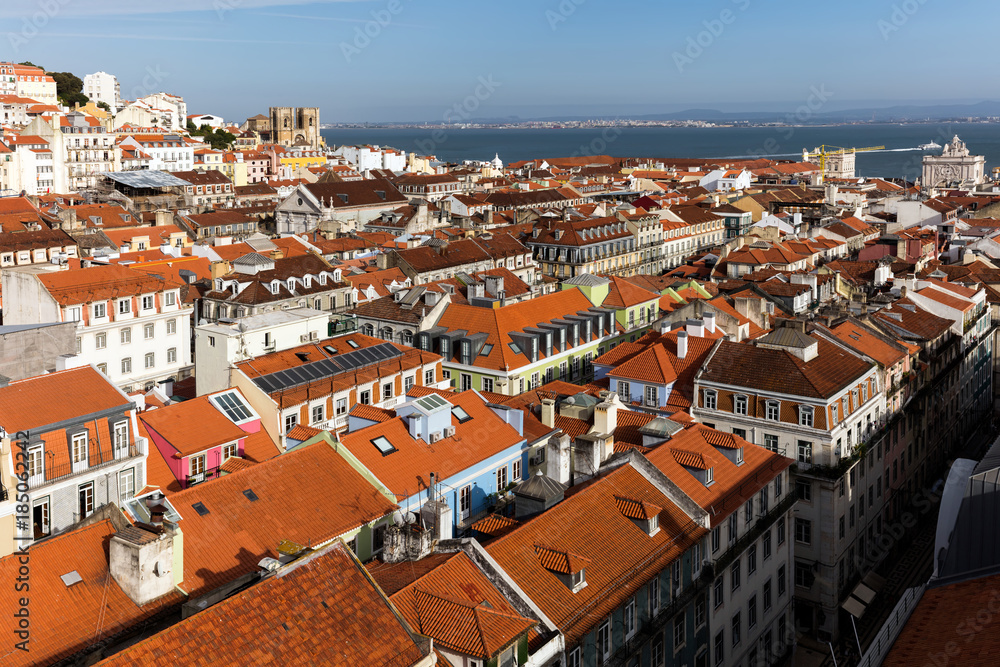 View of Lisbon, Portugal from the Santa Justa Lift, towards the sea and the Lisbon Cathedral. View of Lisbon, Portugal from the Santa Justa Lift, towards the sea and the Lisbon Cathedral.