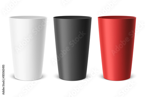 Vector realistic empty plastic cup. Example for office supplies, drinks, icon set. Closeup isolated on white background. Design template, clipart or mockup for graphics - web, app. Front view