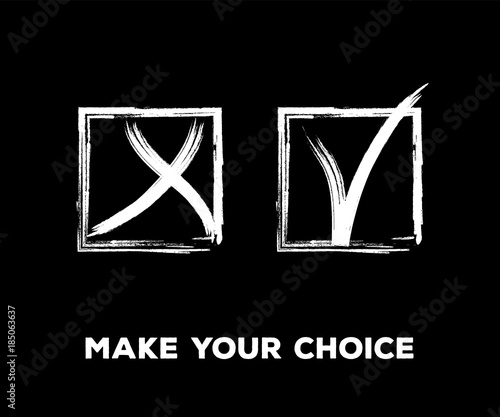 Yes and No Vector Set Square Frames, Isolated.  Hand Painted Election, Quizz, Voting, Test Symbols. Ink Brush Rejection and Approval, Query Choice Icons. Yes and No Tick and Cross Symbolic Marks.