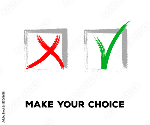 Yes and No Vector Set Square Frames, Isolated.  Hand Painted Election, Quizz, Voting, Test Symbols. Ink Brush Rejection and Approval, Query Choice Icons. Yes and No Tick and Cross Symbolic Marks.