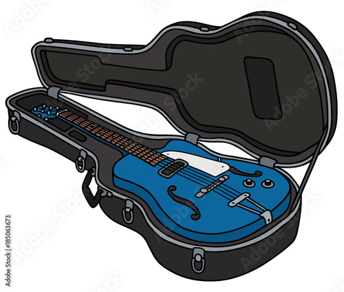 The retro blue semiaccoustic guitar in a hard case