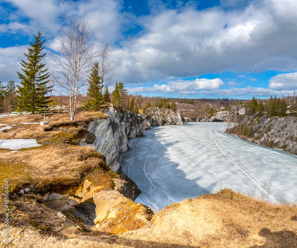 Karelia in the spring. Marble quarry in Ruskeala. Nature of Karelia. Sunny spring day in nature. Ruskeala. Karelia in the spring. Marble quarry in Ruskeala. Nature of Karelia. Sunny spring day in nature. Ruskeala.