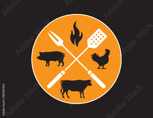 Circular Barbecue or Grilling emblem.
Vector Barbecue design features cow, pig, chicken, and flame silhouette illustrations with crossed fork and spatula.
