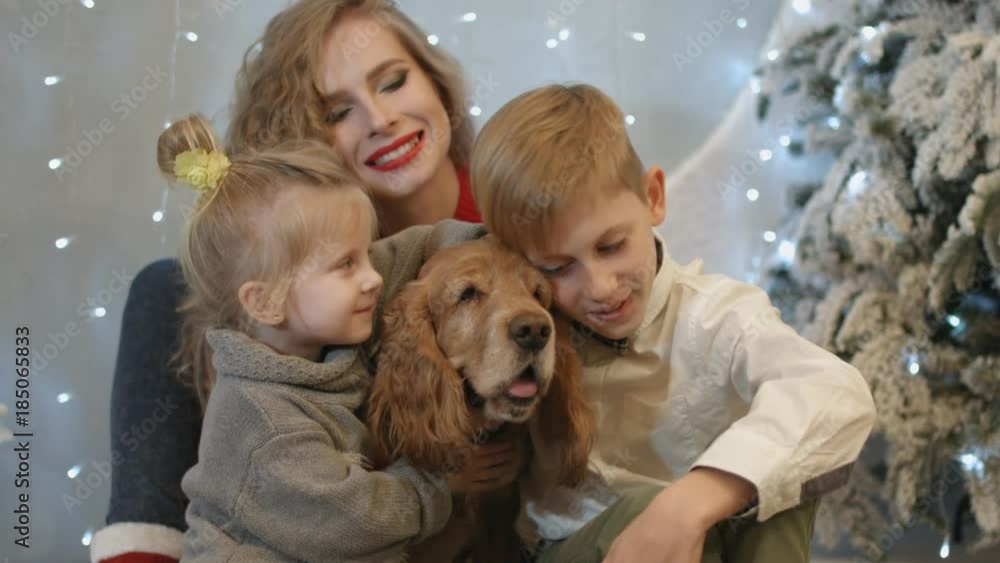 Portrait of family with the dog in New Year's interior Portrait of family with the dog in New Year's interior