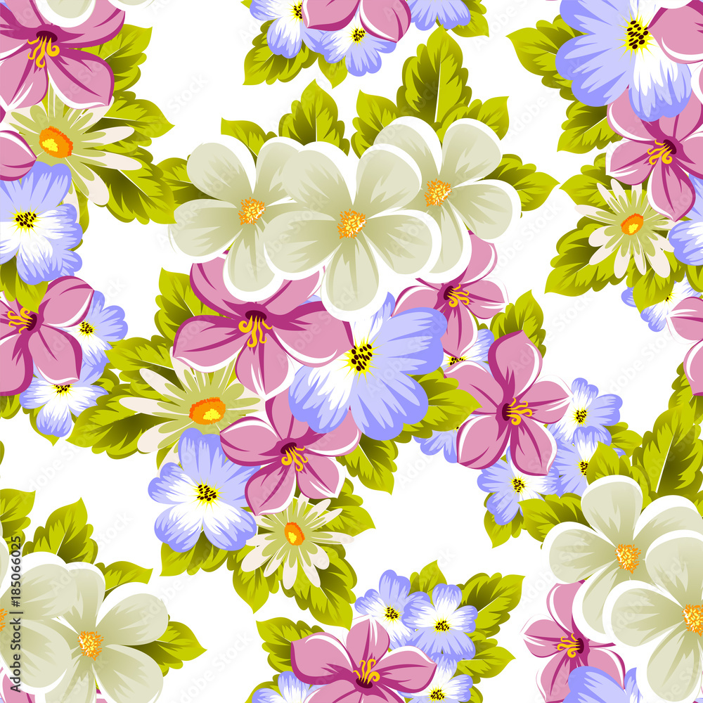 Floral seamless pattern of several flowers and leaves. For design of cards, invitations, posters, banners, greeting for birthday, Valentine's day, wedding, party, holiday, celebration. Floral seamless pattern of several flowers and leaves. For design of cards, invitations, posters, banners, greeting for birthday, Valentine's day, wedding, party, holiday, celebration.