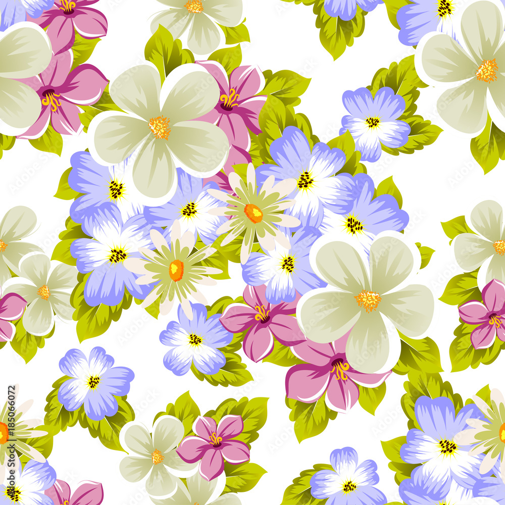 Floral seamless pattern of several flowers and leaves. For design of cards, invitations, posters, banners, greeting for birthday, Valentine's day, wedding, party, holiday, celebration. Floral seamless pattern of several flowers and leaves. For design of cards, invitations, posters, banners, greeting for birthday, Valentine's day, wedding, party, holiday, celebration.