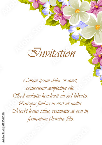 Floral frame of several flowers and leaves. For design of cards, invitations, posters, banners, greeting for birthday, Valentine's day, wedding, celebration.