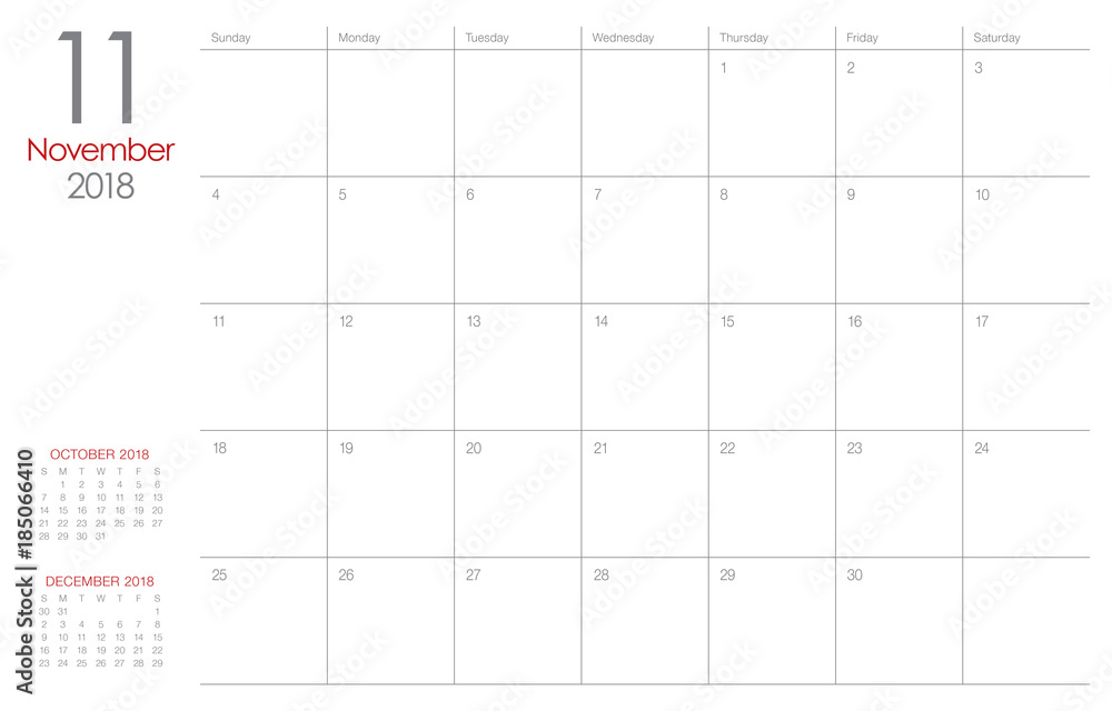 November 2018 planner calendar vector illustration November 2018 planner calendar vector illustration