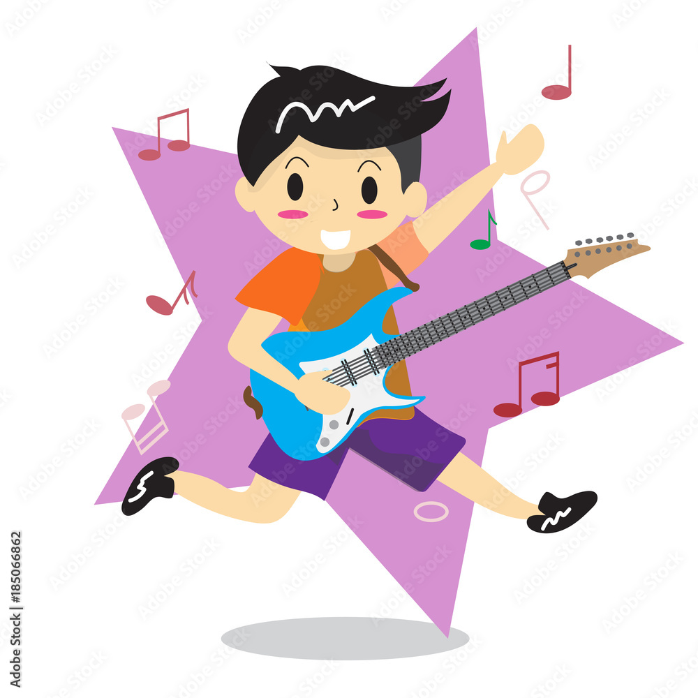 Young boy playing electric rock guitar Happy Love music Star Background  character design illustration vector in cartoon style Stock Vector | Adobe  Stock
