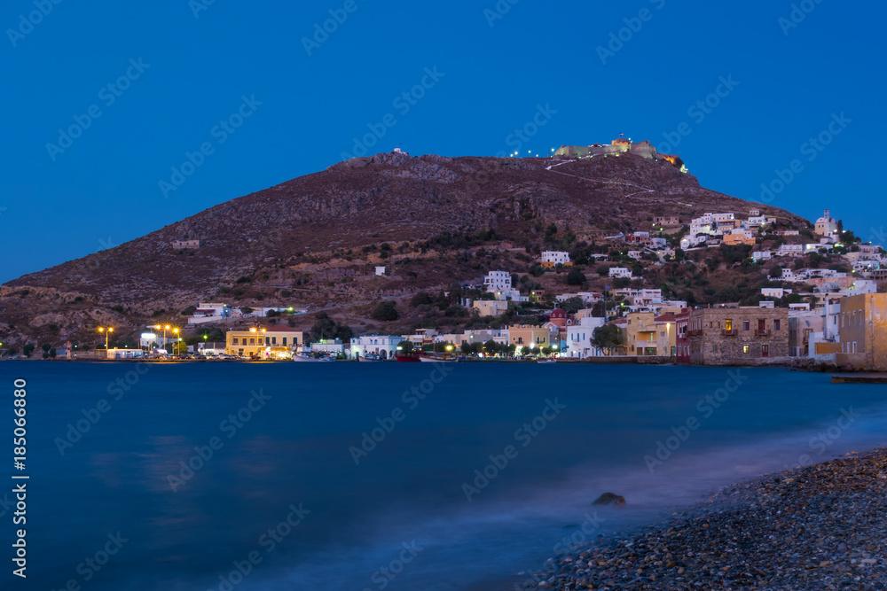 Night scene in Agia Marina village, Leros island, Dodecanese, Greece