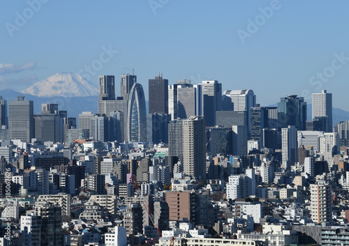  日本の東京都市景観・青空「富士山と新宿などの高層ビル群を望む」 © Ryuji