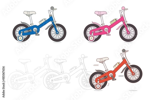 Set of kids bicycles, silhouette of small bikes isolated on white background, children toy, vector illustration