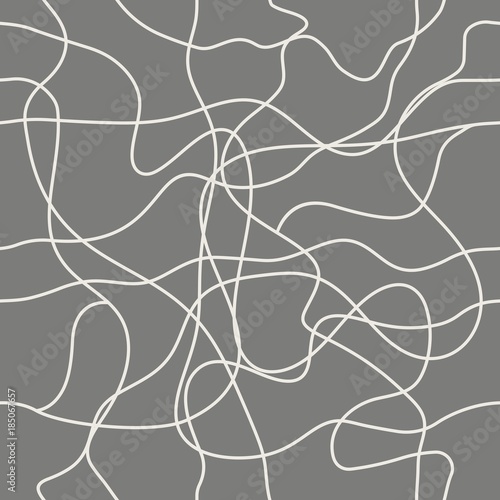 Seamless geometric pattern, tangled lines waves threads on gray background, stripes abstract template, vector illustration