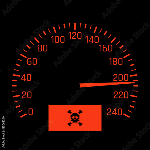 Vector car speedometer dial with skull symbol. High speed concept
