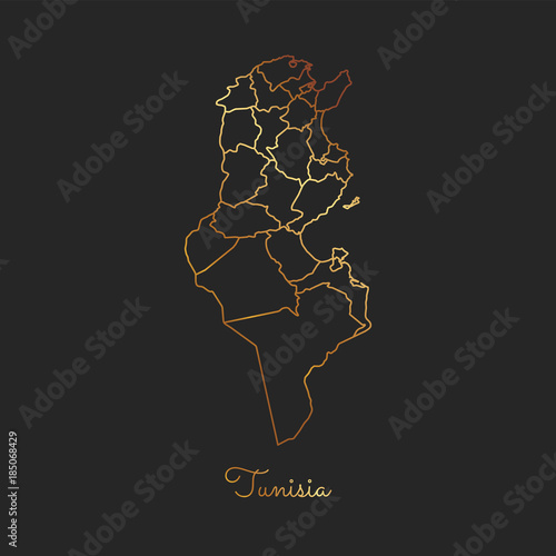 Tunisia region map: golden gradient outline on dark background. Detailed map of Tunisia regions. Vector illustration.