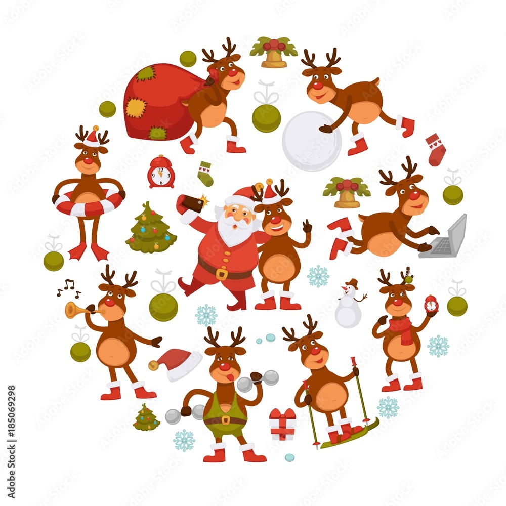 2018 cartoon Santa and deer poster or greeting card design template for Christmas and New Year.