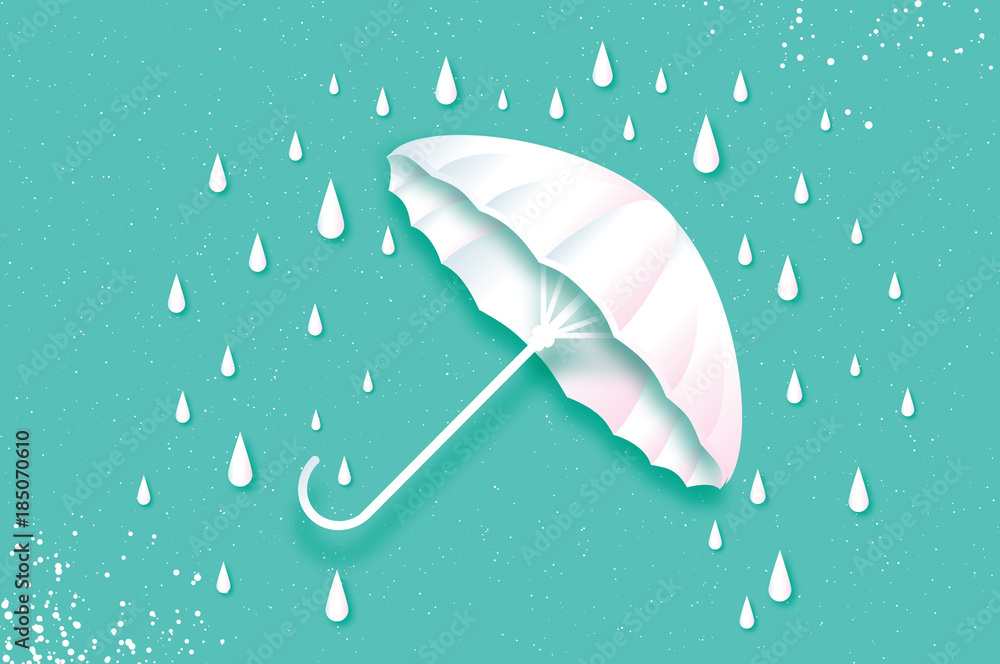White umbrella. Air with raining. Origami Rain drop. Rainy weather. Protection and safety. Parasol on blue sky. Happy Monsoon season. - obrazy, fototapety, plakaty 