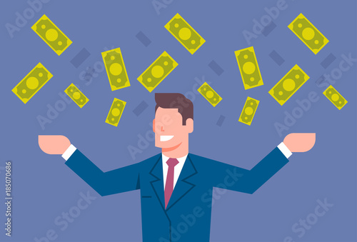 Happy Business Man Throwing Money Up Rich Businessman Financial Success Concept Flat Vector Illustration