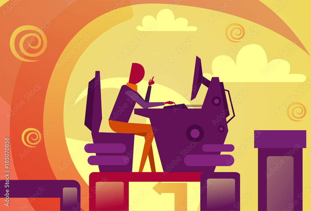 Abstract Business Man Working At Computer Desktop Sitting At Workplace Vector Illustration