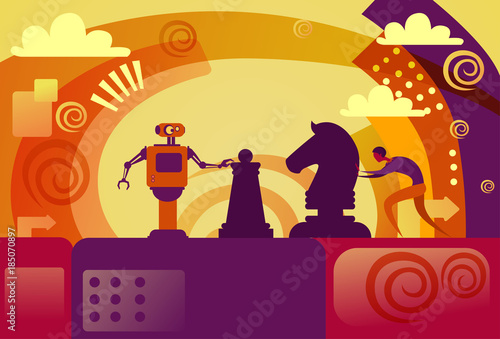 Human Vs Artificial Intelligence Business Man Playing Chess With Modern Robot Vector Illustration