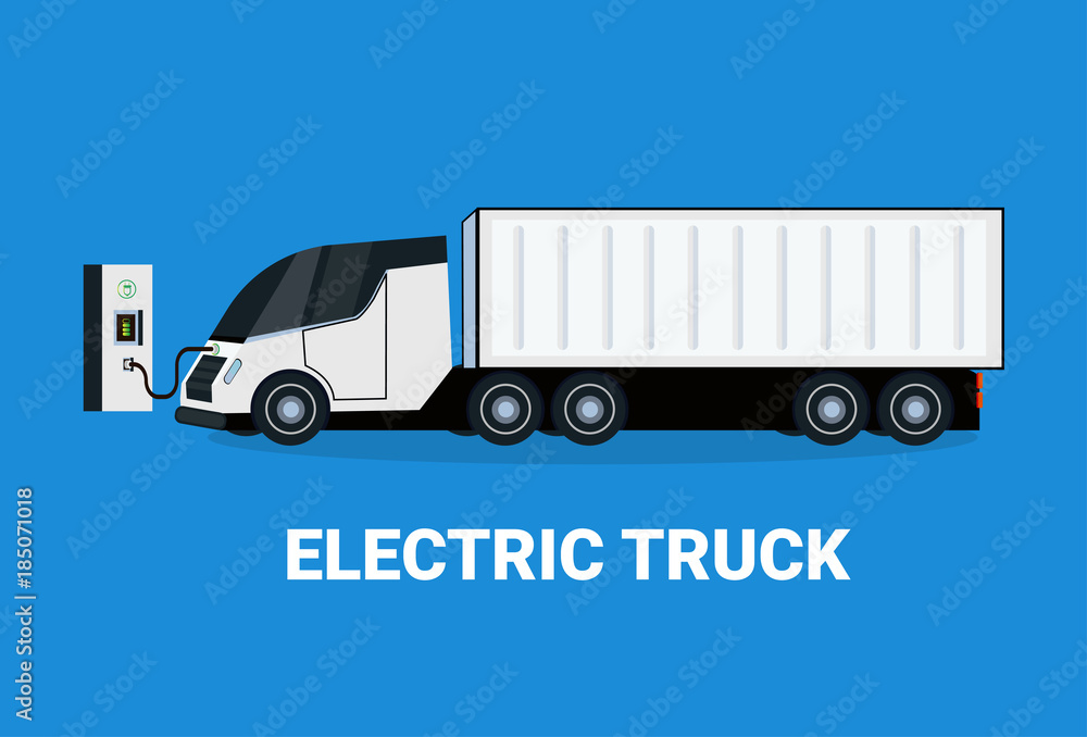 Electric Truck At Charging Station Icon Hybrid Trailer Vechicle Flat Vectro Illustration Electric Truck At Charging Station Icon Hybrid Trailer Vechicle Flat Vectro Illustration