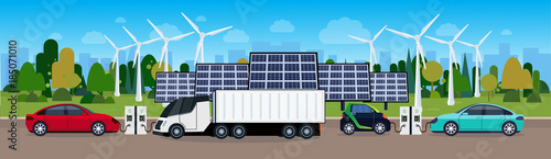 Power Station With Vechicles Charging Over Wind Trurbines And Solar Panel Batteries Eco Friendly Electric Car Concept Flat Vectro Illustration