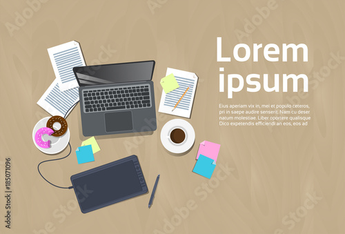 Top Angle View Of Designer Workplace Laptop With Digital Tablet And Stylus Pen, Template Workspace Background Concept Flat Vector Illustration