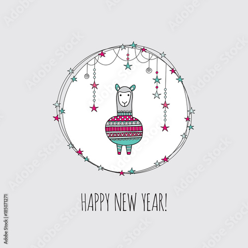 A cute alpaca in a circle wreath with stars, swirls, sparkles and the words happy new year underneath, on a grey background, vector illustration.