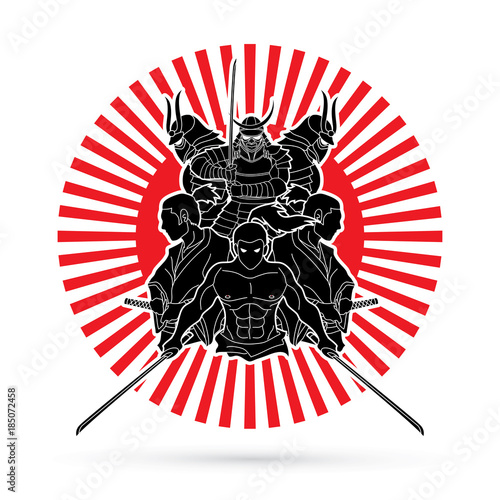 Group of Samurai, Ready to fight action cartoon designed on sunlight background graphic vector