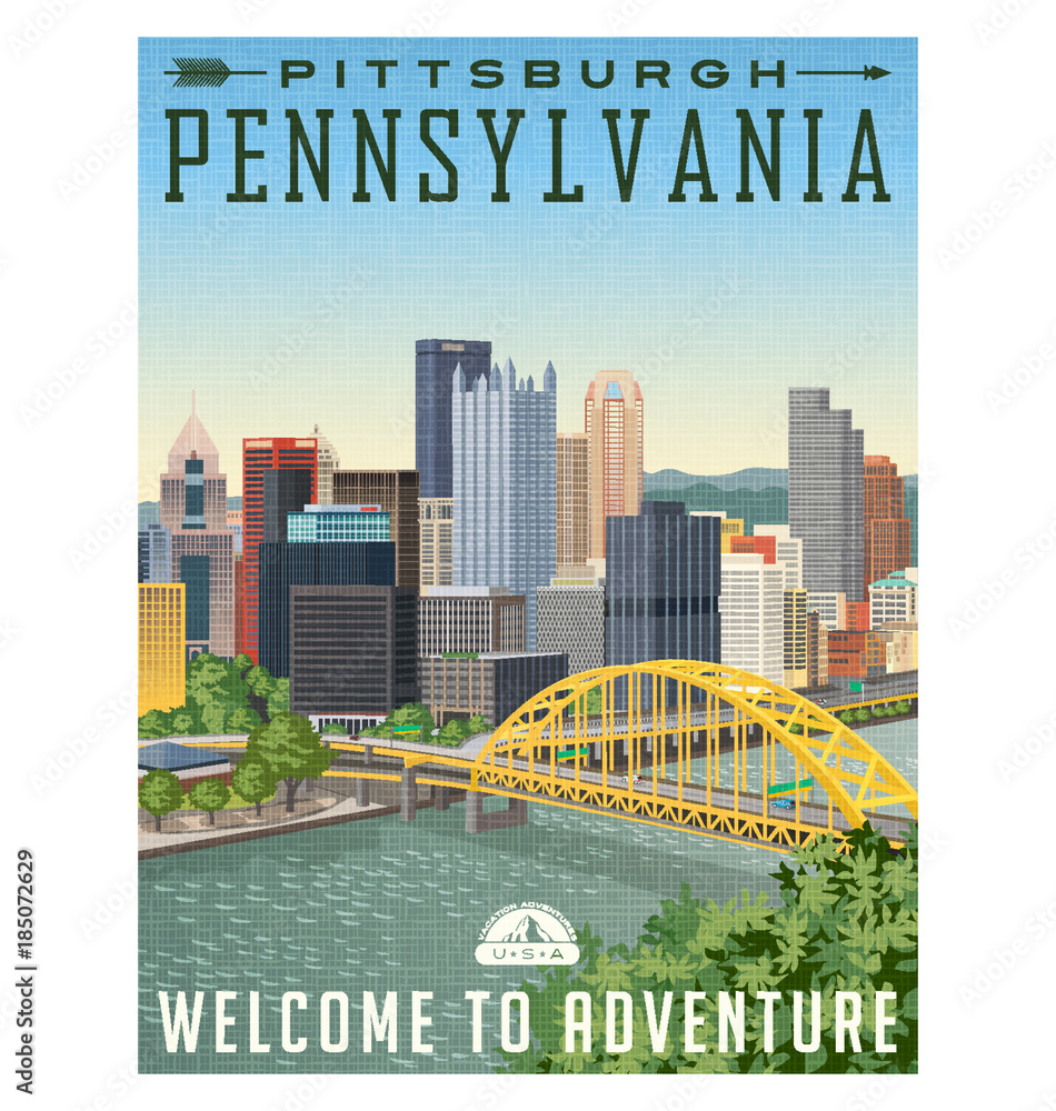 Plakat styl vintage plakat lub naklejki podróżne Pittsburgha Pensylwanii z rzeki, most i panoramę miasta.