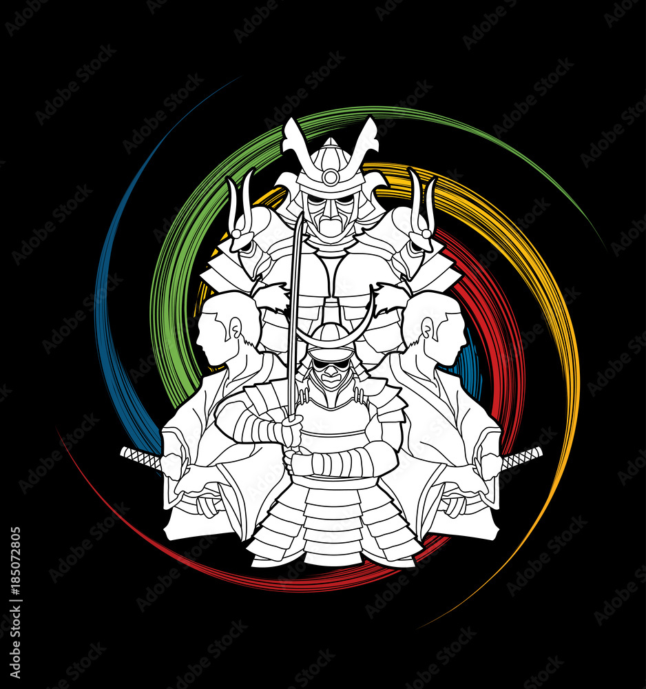 Samurai, Ready to fight composition designed on spin wheel background graphic vector