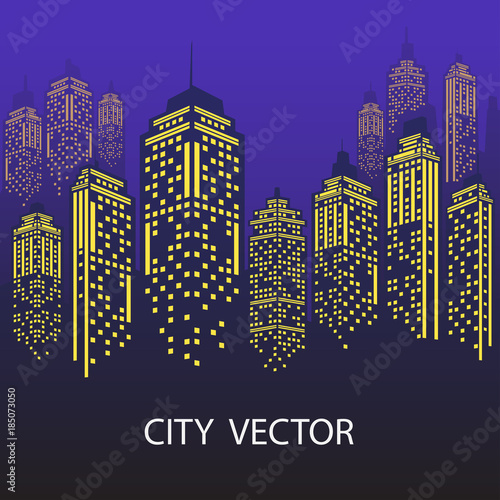 Night city Urban landscape. Blue city silhouette.