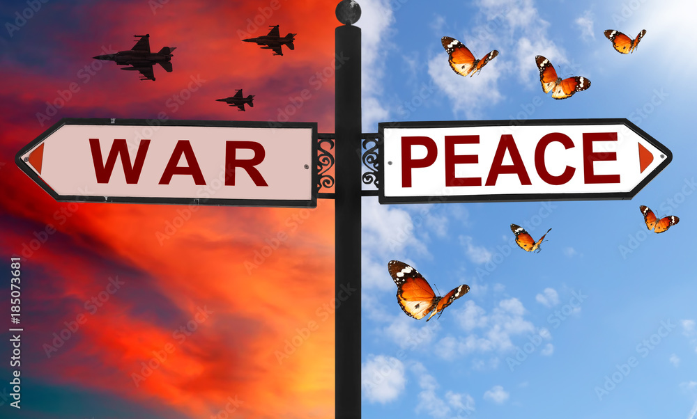 war-or-peace-choice-on-a-signpost-with-arrows-in-two-opposite