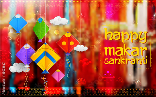 Happy Makar Sankranti wallpaper with colorful kite string for festival of India