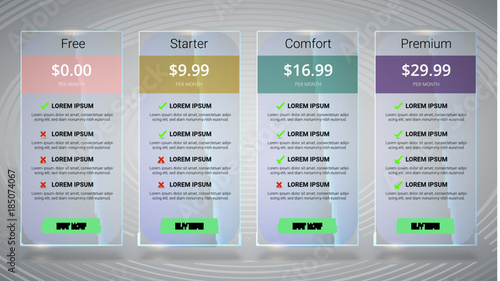 Banners with tariffs plan. Comparison of pricing table set for business, bullet list with commercial plan. Template for prices of business product.