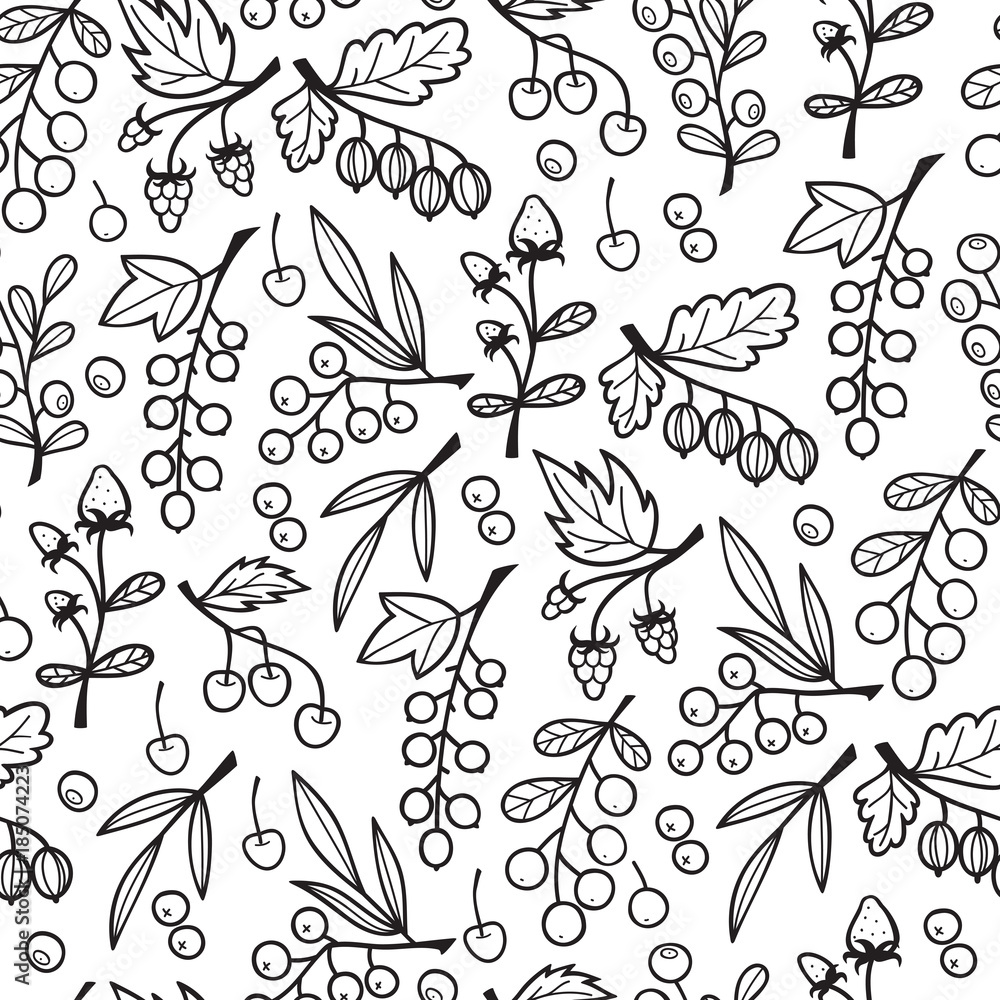 Fototapeta premium Seamless Pattern with Berries on Branches.Seamless Vector Pattern with Hand Drawn Doodle Berries.
