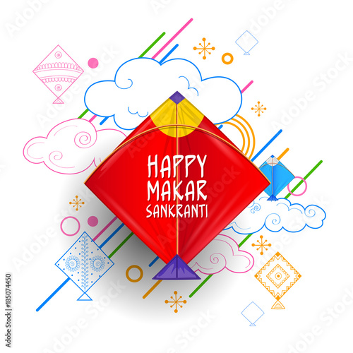 Happy Makar Sankranti wallpaper with colorful kite string for festival of India